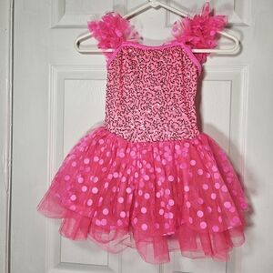 Weissman Hot Pink Sequin Dance Costume, Tulle Skirt, Sz IC 7/8